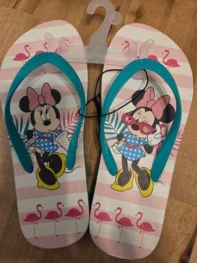 Disney Minnie Mouse Flamingo Flip Flops Teal Pink Girls Kids Size 32/33 New